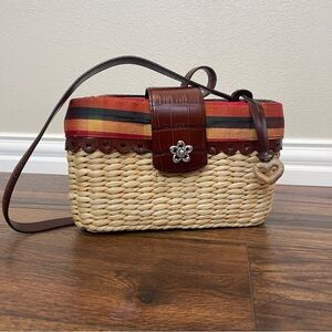 Vintage NEW Brighton Straw Basket Madras Croc Leather Accent Shoulder Bag